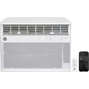 GE 8,000 BTU Smart Window Air Conditioner, Quiet & Energy Efficient Bedroom AC, 350 Sq Ft, Wi‑Fi, Alexa/Google, EZ Install Kit, White