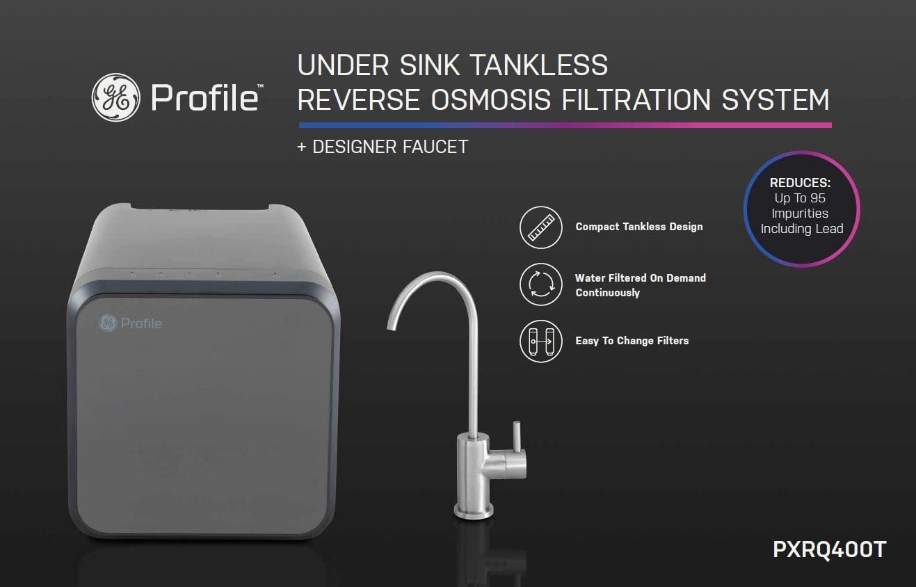 image:imageGE Profile Tankless Reverse Osmosis Under Sink Water Filtration System with Faucet amp Filters  Reduces 95 Impurities including Lead Chlorine Arsenic  PXRQ400T FQ400PT FQ400MTPXRQ400T Second Filter Set Included