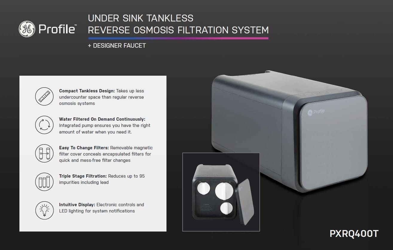 image:imageGE Profile Tankless Reverse Osmosis Under Sink Water Filtration System with Faucet amp Filters  Reduces 95 Impurities including Lead Chlorine Arsenic  PXRQ400T FQ400PT FQ400MTPXRQ400T Second Filter Set Included