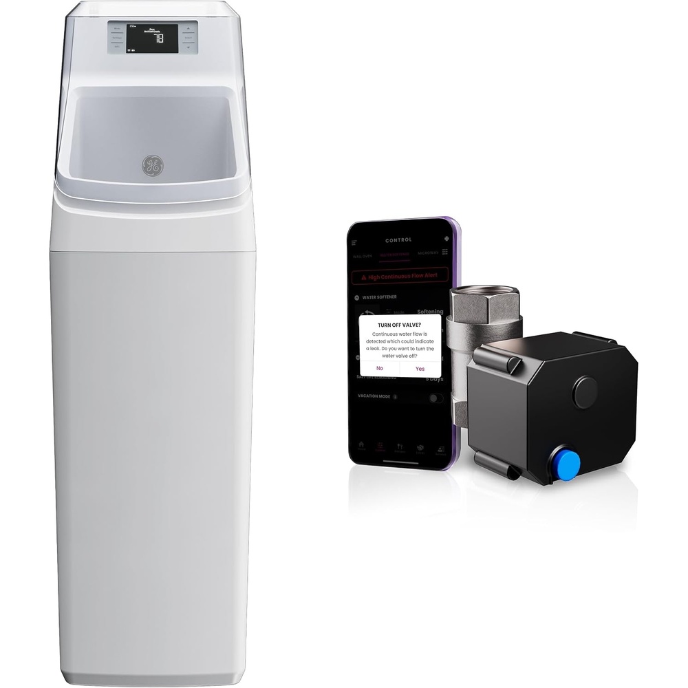 image:imageBundle of GE Smart Water Softener  GE Remote Water Shutoff Valve 35000 Grain Reduce Hard Minerals to Whole House Builtin WiFi with Water Flow Alerts Leak Detection amp Remote Water ShutoffGXSH35W  RMVALVESFT