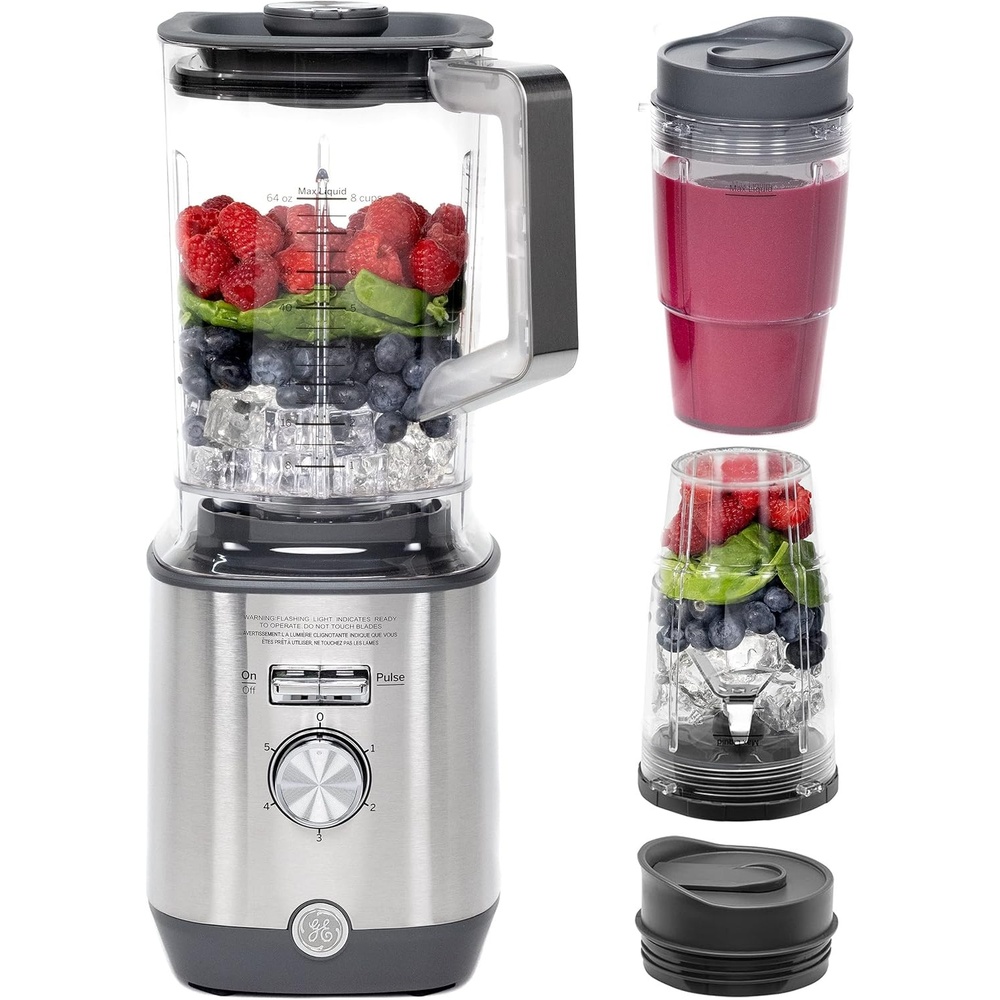 image:imageGE 5Speed Blender  2 16 Ounce Blender Cups  Kitchen Essentials for Shakes Smoothies amp More  Large 64 oz Tritan Jar 810 Servings  Stainless Steel Blades amp Exterior Finish 1000 WattsBlender with Personal Cups