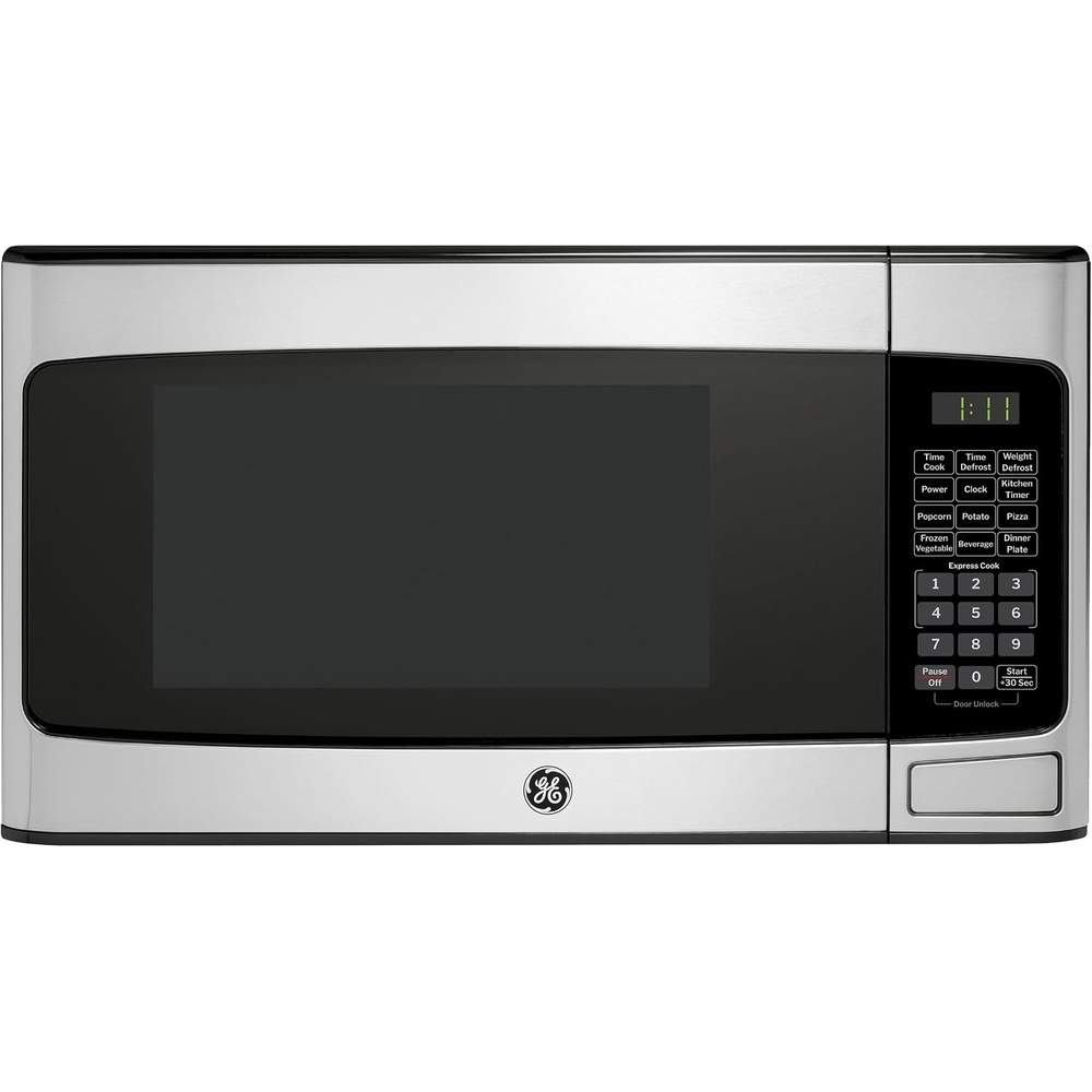 image:imageGE Countertop Microwave Oven 950 Watt 11 Cu Ft Stainless Steel  6 Convenience Cook Settings Bonus Pasta Cooker Included OneTouch Controls Child Lock Technology Glass TurntableStainless Steel