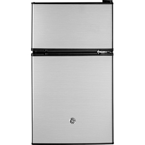 GE Double-Door Mini Fridge, Freestanding Compact Refrigerator with Freezer, 3.1 Cu Ft, Black, GDE03GGKBB(Clean Steel)