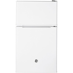 GE Double-Door Mini Fridge, Freestanding Compact Refrigerator with Freezer, 3.1 Cu Ft, Black, GDE03GGKBB(White)
