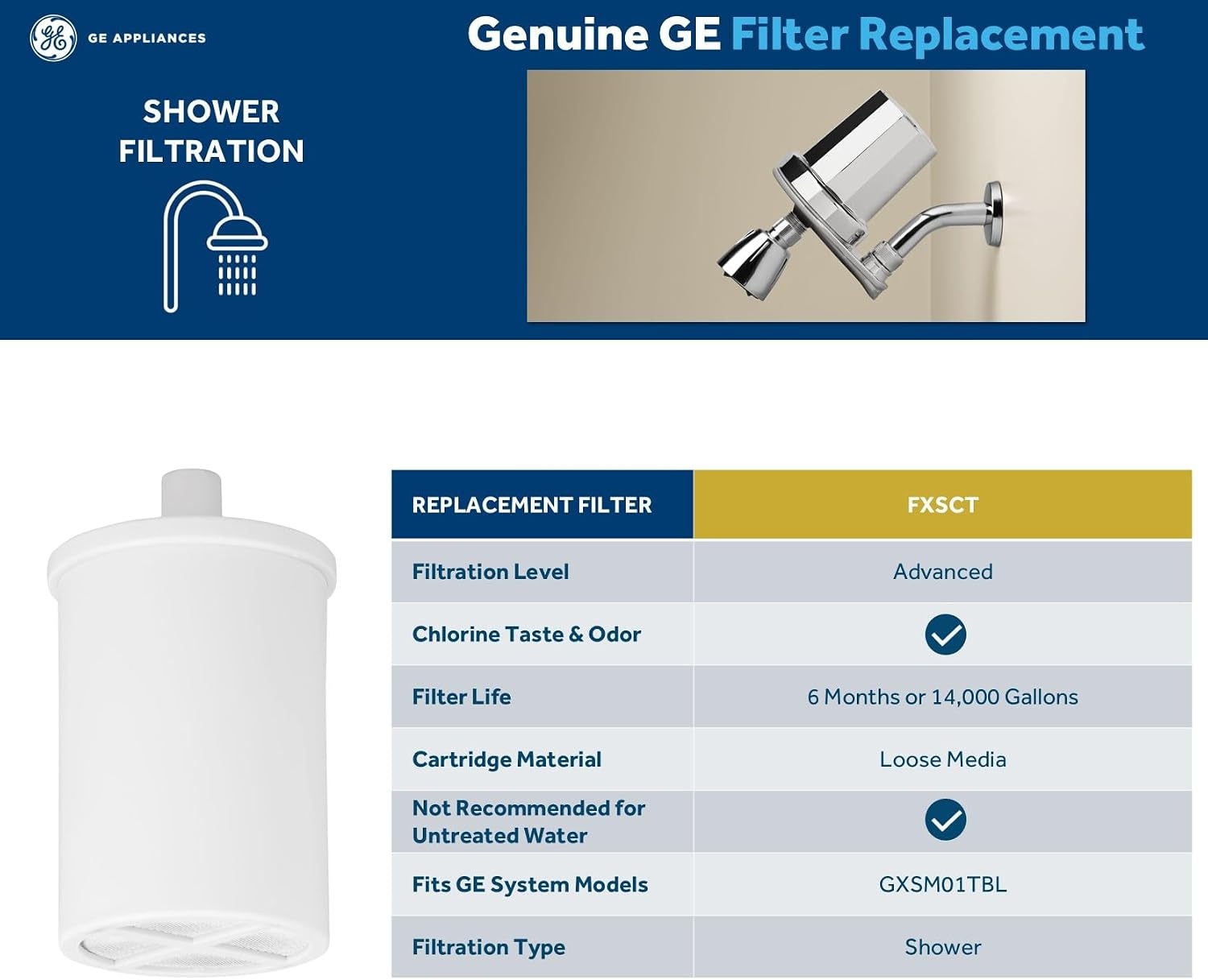 image:imageGE Shower Replacement Filter Removes Chlorine Fits GXSM01TBL Filtration System Replace Every 6 Months FXSCT1 count  pack of 1