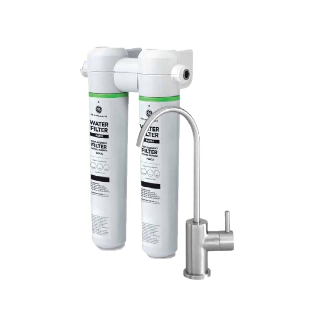 image:imageGE Dual Stage Under Sink Water Filtration System with Faucet Reduces Lead Chlorine amp More Easy Install Twist amp Lock Design Replace Filters FQK2J Every 6 Months GXK255TBNGXK255TBN